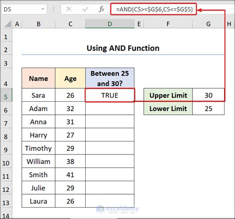 Excel simulated BETWEEN function example