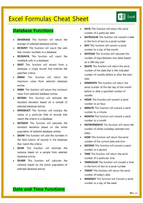 Excel Formula Cheat Sheet