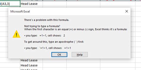 Excel formula error messages