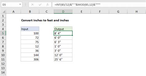 Excel formula for inches to feet