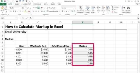 Excel Formula for Markup Percentage