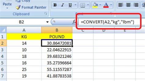 Excel Formula for Pounds to Kilograms