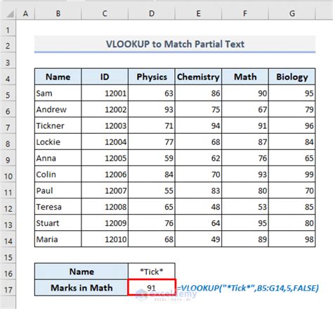 Excel formula partial text match example