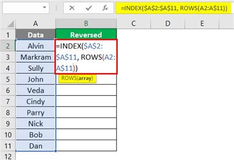 Excel Formula for Reversing Cell Order