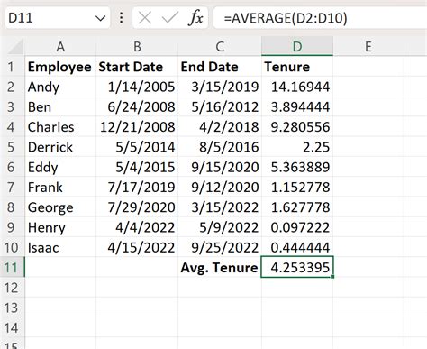 Excel Formulas for Tenure Calculations