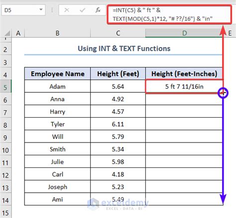 Using Excel functions for feet and inches conversion