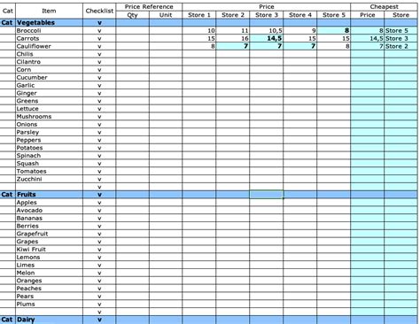 Excel Grocery List Template