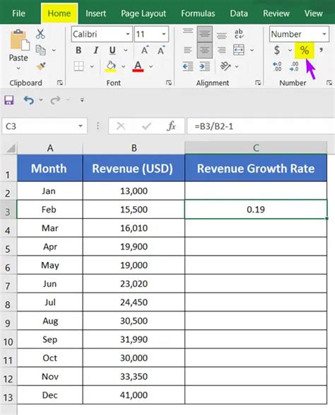 Excel growth calculation results