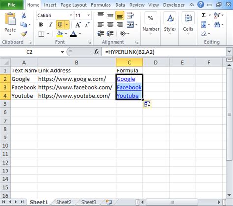 Example of a hyperlink in Excel