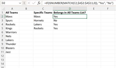 Excel IF MATCH THEN YES formula example