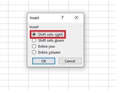 Shift Cells Right in Excel using the Insert Feature