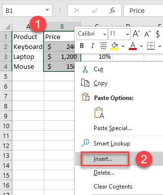 Shift Cells Right in Excel using the Insert Feature