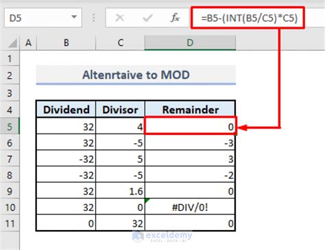 Excel INT and MOD functions example