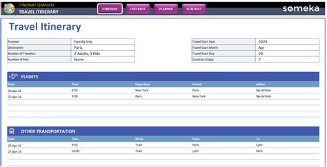 Excel Itinerary Template for Travel