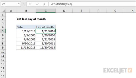 Excel last day of month formula