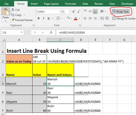 Excel line break in formulas