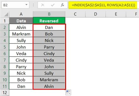 Excel List Order Reversal Step-by-Step