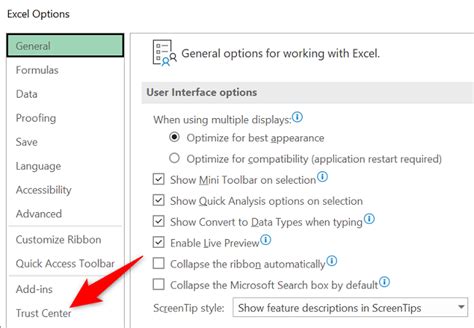 Excel Trust Center Settings