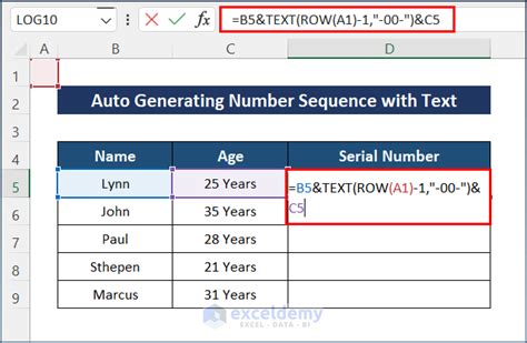 Excel Number Sequence Formula ROW A1