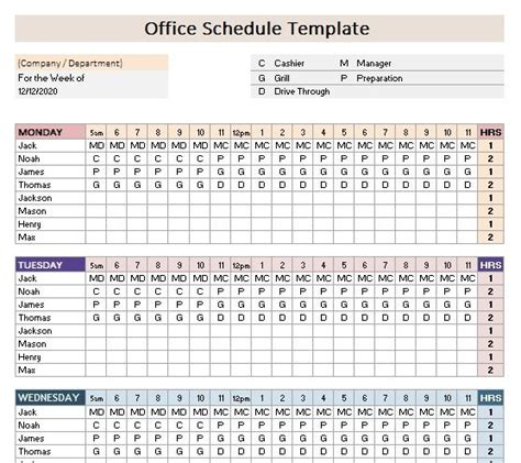 Excel Office Schedule Template