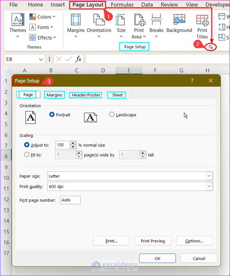 Opening the Page Setup dialog box in Excel