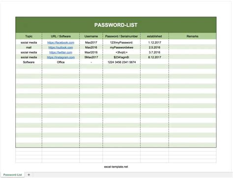 Excel Password Log Template Example