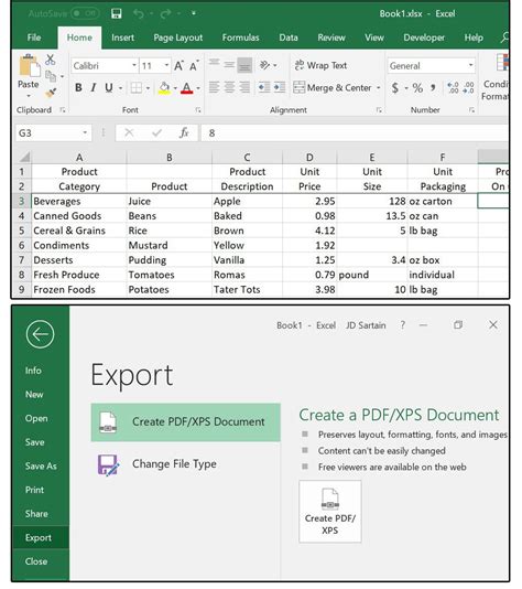 Excel's built-in PDF export feature