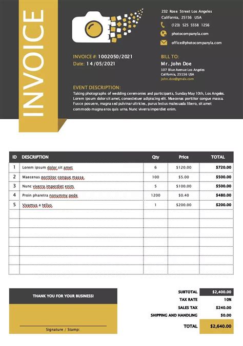 Excel Photography Invoice Template Sample