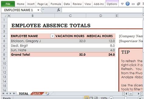 Excel PivotTable for Employee Absence Data