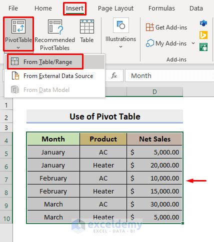 Excel PivotTable Feature