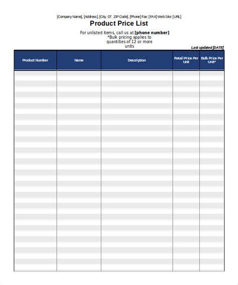 Excel Price List Template Free Download