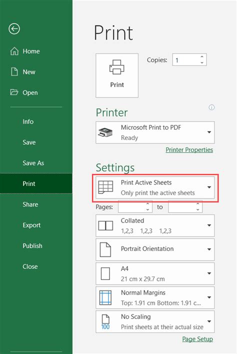 Excel print active sheets