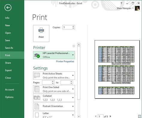 Excel print dialog box