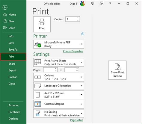 Excel Print Settings Dialog