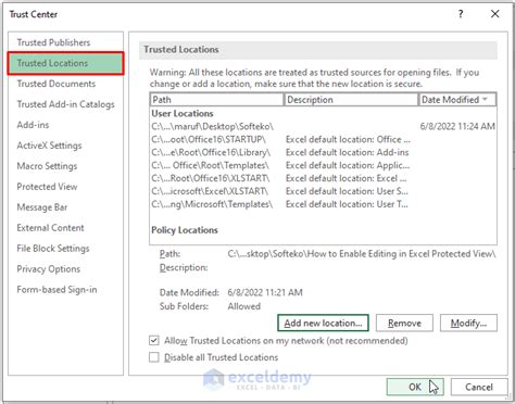 Excel Protected View Trusted Locations