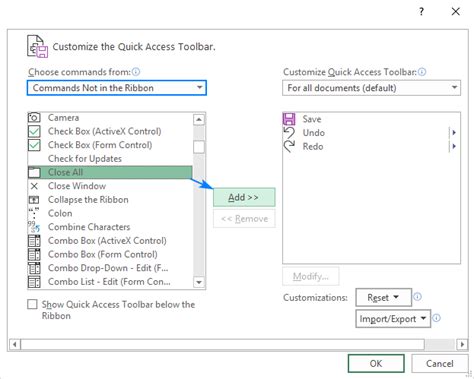 Excel Quick Access Toolbar Reset