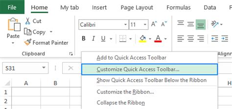 Excel Quick Access Toolbar System Restore