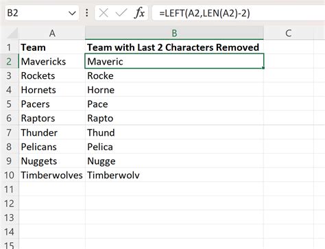 Excel remove last 2 characters left function