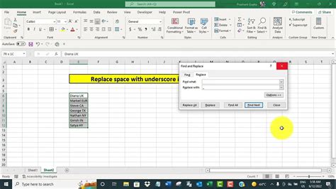 Replacing spaces with underscores in Excel using the REPLACE function