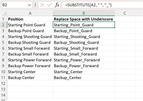 Replacing spaces with underscores in Excel using formulas