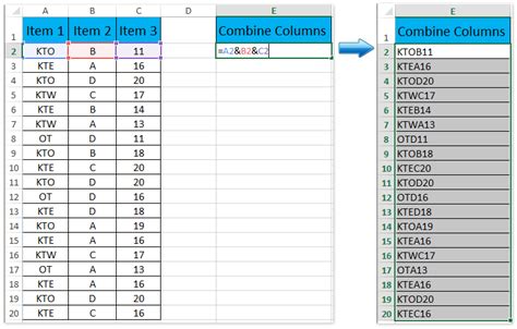 Excel row combination methods example 1