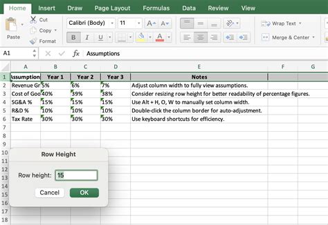 Excel Row Heights Shortcuts