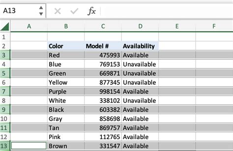 Excel row selection method 1