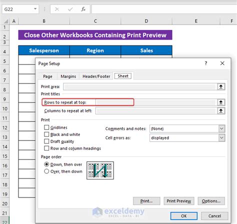 Excel Rows to Repeat at Top Greyed Out Fix