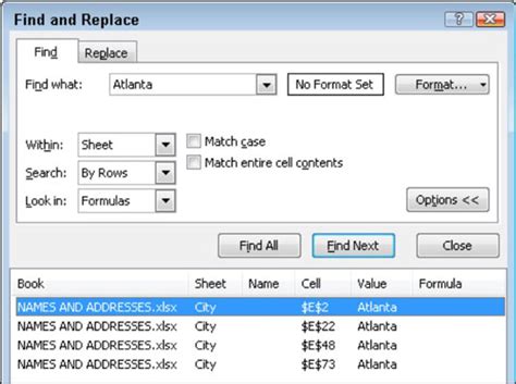 Excel Search and Replace Dialog Box