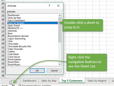 Excel sheet tabs and shortcuts