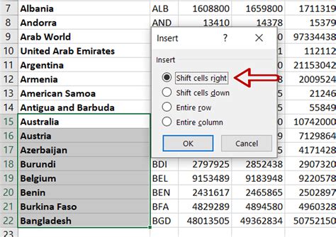 Shift Cells Right in Excel using Keyboard Shortcuts