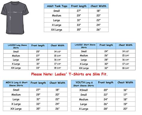 Excel Shirt Size Chart Example 1