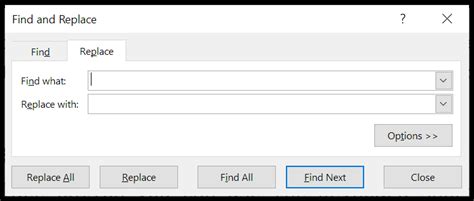 Excel shortcuts for find and replace