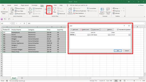 Excel sort dialog box